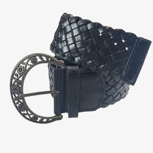 Braided Wide Black Leather Belt Size L Woven No Hole Floral Ornate Buckle Boho